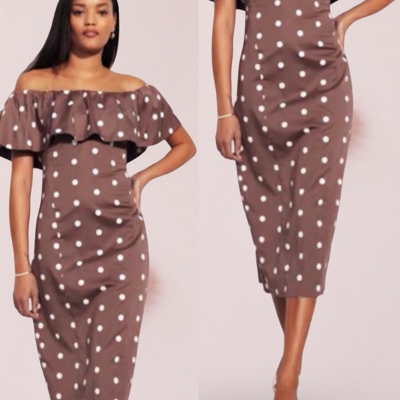 NWTS🌹THE OCCASION S🌹LUSTROUS ROSE GOLD &
WHITE OFF SHOULDER FITTED MIDI DRESS - Picture 1 of 16